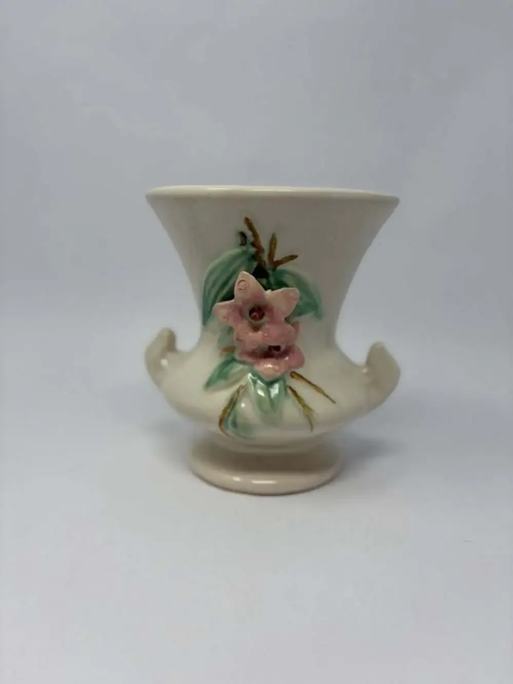 Vintage McCoy Pottery Blossom Time Ceramic Vase with Pink Dogwood Floral Relief